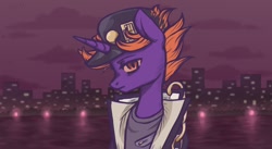 Size: 1024x560 | Tagged: safe, artist:polyblank, imported from derpibooru, pony, unicorn, clothes, hat, jacket, jojo's bizarre adventure, jotaro kujo, night, ponified, skyline, solo