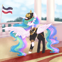 Size: 1024x1024 | Tagged: safe, artist:polyblank, imported from derpibooru, princess celestia, alicorn, pony, clothes, flag, german empire, hat, one wing out, solo, uniform, wings