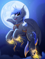 Size: 1900x2500 | Tagged: safe, artist:starcasteclipse, imported from derpibooru, part of a set, oc, oc only, pegasus, pony, commission, female, flying, glowing, glowing hooves, harness, jingle bells, mare, moon, night, smiling, solo, tack, ych result