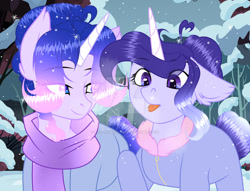 Size: 800x611 | Tagged: safe, artist:existencecosmos188, imported from derpibooru, oc, oc only, oc:existence, pony, :p, clothes, deviantart watermark, duo, ethereal mane, forest, obtrusive watermark, outdoors, scarf, snow, snowfall, starry mane, tongue out, watermark