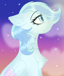 Size: 800x950 | Tagged: safe, artist:existencecosmos188, imported from derpibooru, oc, oc only, pegasus, pony, chest fluff, deviantart watermark, eyelashes, female, mare, obtrusive watermark, pegasus oc, smiling, solo, stars, twilight (astronomy), watermark