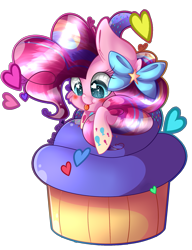 Size: 1521x1977 | Tagged: safe, artist:aquasky987, imported from derpibooru, pinkie pie, earth pony, pony, :p, bow, cupcake, food, hair bow, heart, heart eyes, micro, simple background, solo, tongue out, transparent background, wingding eyes