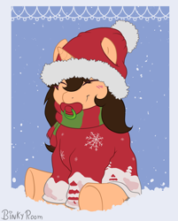 Size: 1208x1500 | Tagged: safe, artist:binkyroom, imported from derpibooru, oc, oc only, pony, unicorn, babyfur, blushing, christmas, clothes, commission, cute, female, hat, holiday, pacifier, santa hat, scarf, snow, snowfall, snowflake, solo, striped scarf, winter, winter outfit, ych result