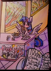 Size: 774x1070 | Tagged: safe, artist:polyblank, imported from derpibooru, twilight sparkle, alicorn, pony, cafe, food, menu, milkshake, offscreen character, pov, solo focus, spread wings, traditional art, twilight sparkle (alicorn), wings