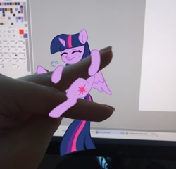 Size: 780x750 | Tagged: safe, artist:polyblank, imported from derpibooru, twilight sparkle, alicorn, human, pony, clinging, computer screen, eyes closed, hand, human and pony, irl, irl human, monitor, photo, solo focus, tiny, tiny ponies, twilight sparkle (alicorn)