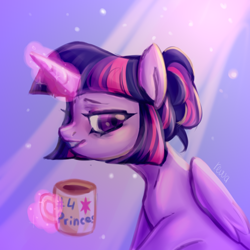 Size: 1024x1024 | Tagged: safe, artist:polyblank, imported from derpibooru, twilight sparkle, alicorn, pony, alternate hairstyle, coffee mug, female, folded wings, glowing, glowing horn, horn, magic, magic aura, mare, mug, profile, solo, telekinesis, tired, twilight sparkle (alicorn), wings