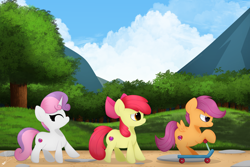 Size: 3000x2000 | Tagged: safe, artist:daftramms, imported from derpibooru, apple bloom, scootaloo, sweetie belle, earth pony, pegasus, pony, unicorn, cute, cutie mark crusaders, fanart, high res, scooter, trio, walking