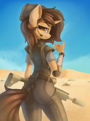 Size: 1328x1794 | Tagged: safe, artist:anti1mozg, imported from derpibooru, oc, oc only, anthro, unicorn, ass, butt, gun, solo, weapon