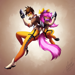 Size: 1002x999 | Tagged: safe, artist:scarlet-spectrum, imported from derpibooru, oc, oc:lillybit, earth pony, human, pony, clothes, cosplay, costume, duo, overwatch, tracer
