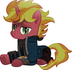 Size: 1208x1188 | Tagged: safe, artist:lincolnbrewsterfan, imported from derpibooru, oc, oc only, oc:fire brander, unicorn, fallout equestria, rainbow falls, .svg available, bandana, bedroom eyes, clothes, coat, colored eyebrows, curled up, cute, dapper, fallout equestria oc, green eyes, gun, handgun, heart, heart hoof, holster, horn, jacket, lidded eyes, looking at you, lying down, movie accurate, ocbetes, one leg raised, orange mane, orange tail, pipbuck, pistol, plaid, pocket, ponyloaf, prone, raider, revolver, simple background, sitting, slit pupils, smiling, smiling at you, solo, stallion oc, strap, svg, tail, tartan, transparent background, two toned mane, two toned tail, unicorn oc, vector, weapon, yellow mane, yellow tail, zipper