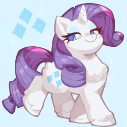 Size: 1280x1280 | Tagged: safe, artist:pillowbunnies, imported from derpibooru, rarity, pony, unicorn, blue background, chest fluff, cute, diamonds, eyeshadow, female, makeup, mare, raribetes, simple background, smiling, solo