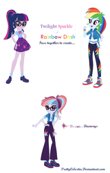 Size: 856x1340 | Tagged: safe, artist:prettycelestia, imported from twibooru, rainbow dash, sci-twi, twilight sparkle, clothes, fusion, geode, glasses, image, long pants, png, shoes, sneakers