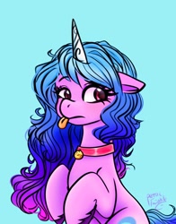 Size: 1074x1368 | Tagged: safe, artist:petaltwinkle, imported from derpibooru, izzy moonbow, pony, unicorn, behaving like a dog, blue background, collar, cute, dog collar, female, g5, izzybetes, mare, simple background, solo, tongue out
