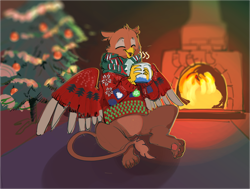 Size: 810x613 | Tagged: safe, artist:alumx, imported from derpibooru, oc, oc:gunther steele, griffon, christmas, christmas tree, clothes, fire, fireplace, holiday, scarf, solo, sweater, tree, wing sweater