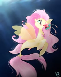 Size: 1074x1368 | Tagged: safe, artist:petaltwinkle, imported from derpibooru, fluttershy, pegasus, pony, seapony (g4), starfish, colored pupils, crepuscular rays, cute, digital art, dorsal fin, eyelashes, female, fin wings, fins, fish tail, flowing mane, flowing tail, green eyes, looking up, mare, ocean, open mouth, pink mane, seaponified, seapony fluttershy, shyabetes, signature, smiling, solo, species swap, sunlight, swimming, tail, underwater, water, wings