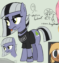 Size: 315x334 | Tagged: safe, artist:truthormare, limestone pie, rarity, oc, oc:anon, earth pony, human, pony, unicorn, /bale/, aggie.io, bracelet, choker, clothes, cutie mark, dialogue, dyed mane, emo, eyeshadow, female, jewelry, makeup, mare, nine inch nails, piercing, shirt, show accurate, simple background, text, tongue out, tongue piercing