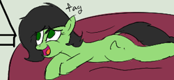 Size: 319x147 | Tagged: safe, artist:truthormare, oc, oc:filly anon, pony, /bale/, aggie.io, beanbag chair, cutie mark, female, filly, laughing, lying down, simple background, solo, young