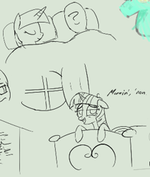 Size: 302x356 | Tagged: safe, artist:truthormare, twilight sparkle, oc, oc:anon, human, pony, unicorn, /bale/, aggie.io, bed, dialogue, doodle, duo, female, human male, male, mare, monochrome, morning, simple background, sketch, sleeping, sleeping together, text