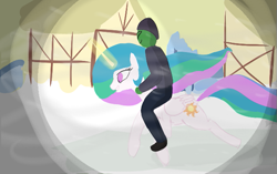 Size: 631x397 | Tagged: safe, artist:truthormare, princess celestia, oc, oc:anon, alicorn, pony, fanfic:exchange, /bale/, aggie.io, clothes, dashing through the snow, doodle, fanfic art, female, galloping, magic, mare, ponyville, riding, sketch, smiling, snow