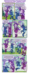 Size: 566x1412 | Tagged: safe, artist:art-2u, imported from derpibooru, starlight glimmer, trixie, equestria girls, accessory swap, barrette, boots, cape, clothes, comic, dress, duo, exhausted, fall formal outfits, hat, high heel boots, jump rope, jumping, shoes, the great and powerful, trixie's cape, trixie's hat