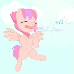 Size: 1819x1825 | Tagged: safe, imported from twibooru, oc, oc:missing bliss, pegasus, pony, belly button, female, filly, flying, happy, image, mouth hold, png, sky, weapon