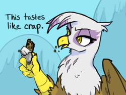 Size: 2709x2042 | Tagged: safe, artist:anonymous, imported from twibooru, gilda, griffon, /mlp/, 4chan, crumbs, dialogue, disgusted, drawthread, eating, frown, granola bar, holding, image, looking at something, mountain, partially open wings, png, simple background, sitting, solo