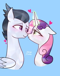 Size: 1074x1368 | Tagged: safe, artist:petaltwinkle, imported from derpibooru, rumble, sweetie belle, pegasus, pony, unicorn, bedroom eyes, blue background, blushing, cute, eye contact, female, glow, glowing horn, heart, horn, looking at each other, looking at someone, male, mare, nuzzling, older, older rumble, older sweetie belle, rumbelle, shipping, simple background, stallion, straight