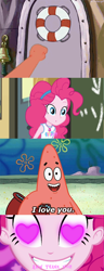 Size: 500x1299 | Tagged: safe, artist:smbros, edit, edited screencap, imported from derpibooru, screencap, pinkie pie, coinky-dink world, eqg summertime shorts, equestria girls, comic, crossover, female, heart, heart eyes, i love you, male, meme, patie, patrick star, screencap comic, shipping, spongebob squarepants, straight, wingding eyes