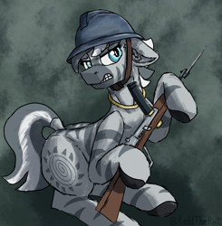 Size: 2358x2404 | Tagged: safe, artist:reddthebat, imported from derpibooru, zecora, pony, zebra, bayonet, carbine, female, gun, helmet, mare, solo, stripes, weapon, world war i