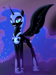 Size: 3000x4000 | Tagged: safe, artist:flaremoon, imported from derpibooru, nightmare moon, alicorn, pony, armor, bedroom eyes, concave belly, female, grin, high res, looking at you, mare, show accurate, slim, smiling, smiling at you, solo, spread wings, tall, wings