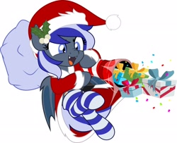 Size: 2048x1661 | Tagged: safe, artist:jhayarr23, imported from derpibooru, oc, oc only, bat pony, pony, bat pony oc, christmas, clothes, commission, costume, holiday, present, santa costume, simple background, socks, solo, striped socks, white background, ych result