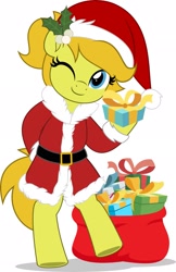 Size: 1325x2048 | Tagged: safe, artist:jhayarr23, imported from derpibooru, oc, oc only, earth pony, pony, bipedal, christmas, clothes, commission, costume, holiday, mistleholly, one eye closed, present, santa costume, simple background, solo, white background, wink, ych result