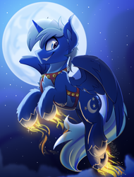 Size: 1900x2500 | Tagged: safe, artist:starcasteclipse, imported from derpibooru, part of a set, oc, oc only, alicorn, pony, alicorn oc, commission, flying, glowing, glowing hooves, harness, horn, jingle bells, male, moon, night, smiling, solo, stallion, tack, wings, ych result