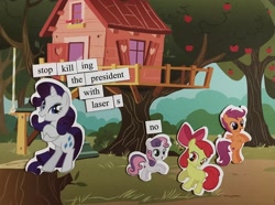 Size: 2048x1526 | Tagged: safe, artist:ponymagnets, imported from derpibooru, apple bloom, rarity, scootaloo, sweetie belle, apple, apple tree, clubhouse, crusaders clubhouse, cutie mark crusaders, meme, photo, ponymagnets, tree, tree stump