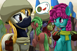 Size: 3000x2000 | Tagged: safe, artist:dr-fade, imported from derpibooru, oc, earth pony, pony, bag, clothes, crowd, current events, earth pony oc, female, food, helmet, hug, kherson, knife, looking at each other, looking at someone, mare, military uniform, mouth hold, nation ponies, national flag, ponified, saddle bag, soldier, ukraine, uniform, watermelon