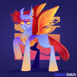 Size: 1500x1500 | Tagged: safe, artist:ghastlyexists, imported from derpibooru, oc, oc only, oc:lovebug, changedling, changeling, changeling oc, fangs, gradient hooves, horn, looking at you, shading, shadow, simple background, smiling, smiling at you, solo, spread wings, standing, watermark, wings