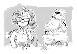 Size: 1942x1358 | Tagged: safe, artist:sketchtablet, imported from derpibooru, rarity, sweetie belle, pony, unicorn, camping, camping outfit, cart, duo, female, filly, foal, glowing, glowing horn, horn, luggage, magic, mare, monochrome, nail file, siblings, sisters, sunglasses, telekinesis, wagon