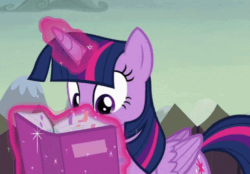 Size: 498x347 | Tagged: safe, imported from derpibooru, screencap, twilight sparkle, alicorn, pony, the hooffields and mccolts, animated, book, cropped, g4, gif, glowing, glowing horn, horn, mountain, mountain range, reading, solo, sparkles, twilight sparkle (alicorn)