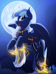 Size: 1900x2500 | Tagged: safe, artist:starcasteclipse, imported from derpibooru, part of a set, oc, oc only, pegasus, pony, commission, female, flying, glowing, glowing hooves, harness, jingle bells, mare, moon, night, smiling, solo, tack, wings, ych result