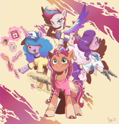 Size: 2938x3072 | Tagged: safe, artist:puyohh, imported from derpibooru, izzy moonbow, pipp petals, sunny starscout, zipp storm, alicorn, pegasus, pony, unicorn, artificial alicorn, artificial horn, artificial wings, augmented, colored wings, crossover, eye clipping through hair, eyebrows, eyebrows visible through hair, fanart, female, folded wings, frown, g5, glowing, glowing horn, group, gun, high res, horn, left 4 dead, left 4 dead 2, magic, magic aura, magic horn, magic wings, mare, multicolored wings, one eye closed, open mouth, open smile, quartet, race swap, signature, simple background, smiling, spread wings, sunnycorn, telekinesis, weapon, wings, wink, yellow background