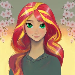 Size: 1024x1024 | Tagged: safe, edit, editor:sammykun, imported from derpibooru, sunset shimmer, human, equestria girls, ai assisted, ai content, beautiful, beautiful eyes, clothes, cute, female, generator:midjourney, happy, humanized, looking at you, smiling, solo