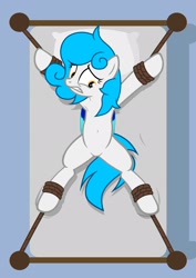 Size: 1536x2166 | Tagged: safe, artist:equestria secret guard, imported from derpibooru, oc, oc only, oc:lin xue, pegasus, pony, armpits, bed, belly button, bondage, featureless crotch, female, helpless, mare, on bed, pegasus oc, rope, rope bondage, sexy, solo, spread eagle, tied to bed, tied up