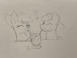 Size: 2048x1536 | Tagged: safe, artist:selenophile, imported from derpibooru, oc, oc only, oc:canvas, oc:seleno, deer, pony, duo, eyes closed, heart, monochrome, sharing a drink, sketch, traditional art