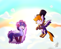 Size: 2000x1600 | Tagged: safe, artist:ermecg, imported from derpibooru, oc, oc only, pegasus, pony, unicorn, clothes, duo, duo female, female, flying, glowing, glowing horn, grin, hat, headphones, horn, levitation, magic, magic aura, scared, scarf, self-levitation, sky, smiling, socks, telekinesis, wings