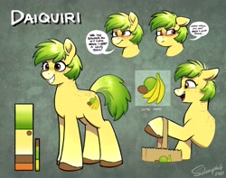Size: 3708x2919 | Tagged: safe, artist:selenophile, imported from derpibooru, oc, oc only, earth pony, pony, freckles, green mane, reference sheet, solo, yellow coat