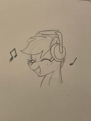 Size: 1536x2048 | Tagged: safe, artist:selenophile, imported from derpibooru, oc, oc only, oc:canvas, deer, eyes closed, headphones, monochrome, music notes, smiling, solo, traditional art