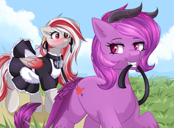 Size: 1469x1075 | Tagged: safe, artist:freyamilk, imported from derpibooru, oc, oc only, oc:lynn, oc:skyshard melody, hybrid, pegasus, pony, bell, blushing, clothes, cloud, collar, colorful, commission, cowbell, duo, female, grass, grin, happy, horn, horns, leash, maid, maid headdress, mare, mouth hold, nature, outdoors, owned, park, pet, pet play, purple eyes, purple fur, red eyes, red hair, smiling, walking, white fur, wings, your character here