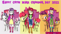 Size: 3840x2160 | Tagged: safe, artist:optimussparkle, imported from derpibooru, apple bloom, scootaloo, sweetie belle, earth pony, human, pegasus, pony, unicorn, equestria girls, 3d, cmc day, cutie mark crusaders, older, older apple bloom, older scootaloo, older sweetie belle, source filmmaker