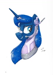 Size: 1038x1451 | Tagged: safe, artist:selenophile, imported from derpibooru, princess luna, alicorn, pony, headset, science fiction, signature, simple background, solo, traditional art, white background