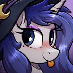 Size: 1200x1200 | Tagged: safe, artist:selenophile, imported from derpibooru, oc, oc only, oc:moonlit silver, pony, unicorn, :p, blue eyes, blushing, eyeshadow, female, gray coat, happy, hat, horn, makeup, mole, solo, tongue out, unicorn oc, witch, witch hat
